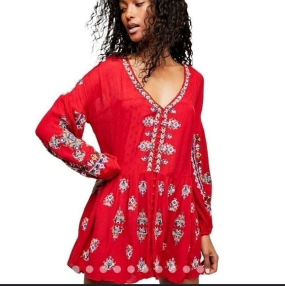 Free People Red Arianna Embroidered Tunic Mini Dress Size Medium - Picture 1 of 10
